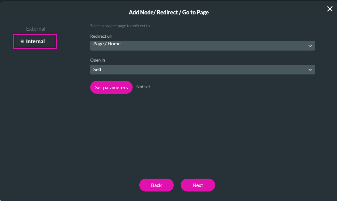 add node > redirect/go to page > configuration 