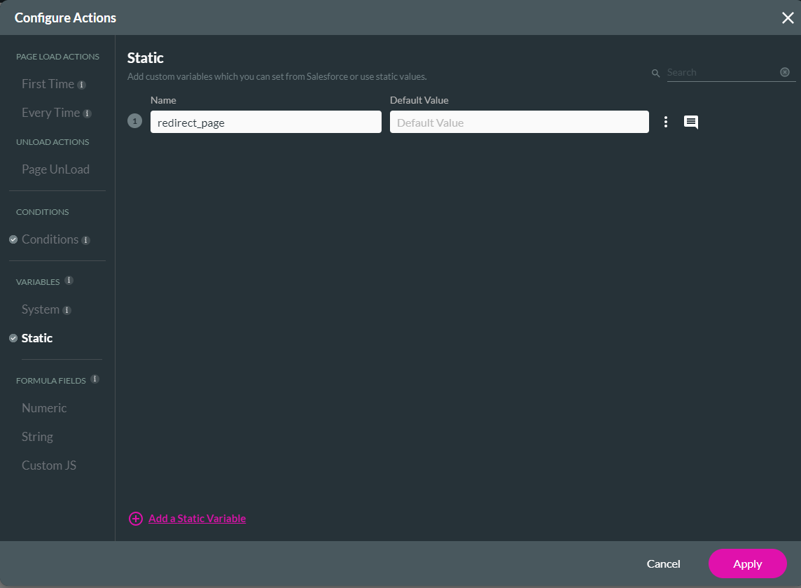 configure action > static variable 