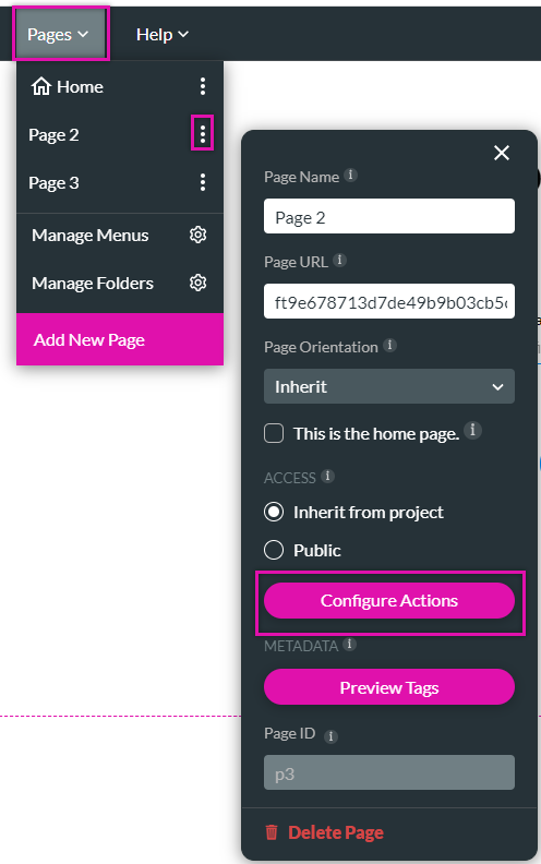 page drop down > kebab menu > configure actions