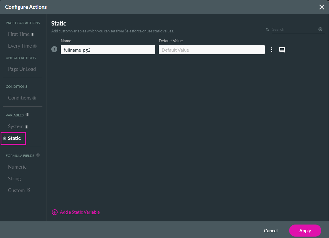 configure actions > static variable 