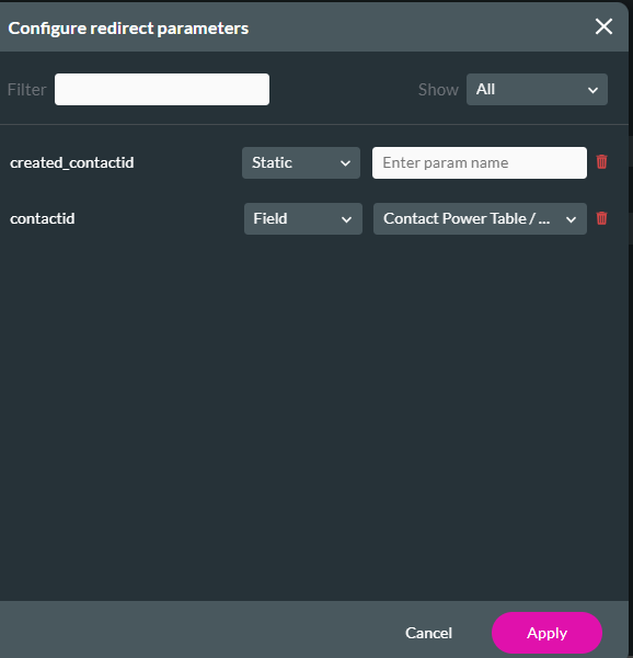 configure redirect parameters screen