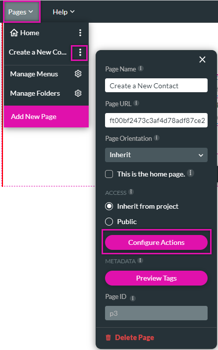 pages > kebab menu > configure actions 