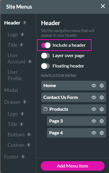 site menus > include a header 