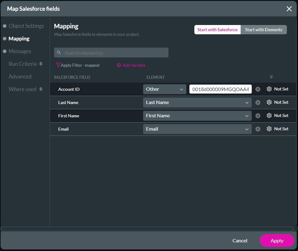 map salesforce fields > mapping tab 