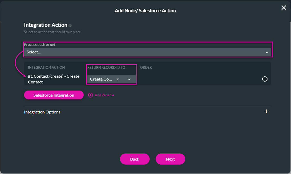 add node > salesforce action > integration action 