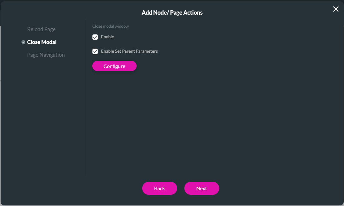 add node > page actions > close modal 