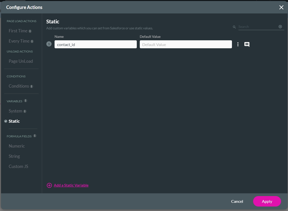 configure actions > static variable