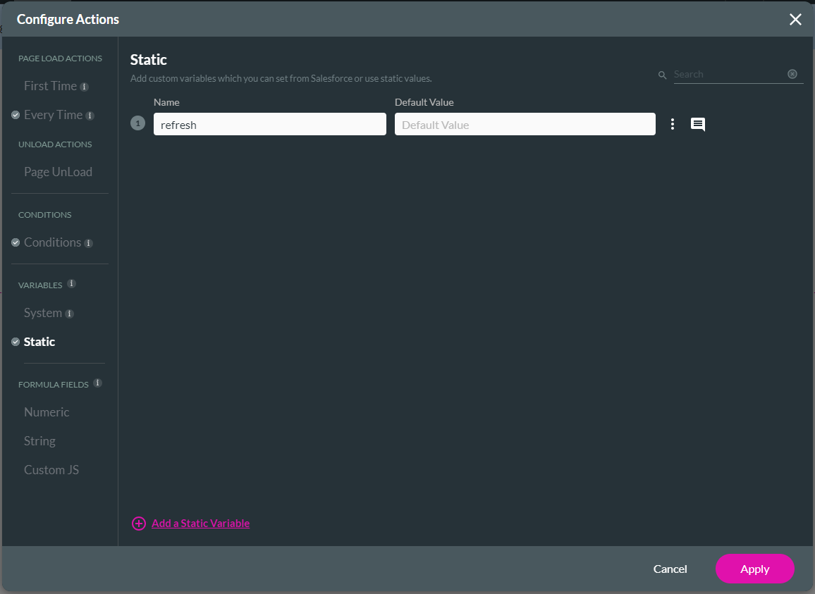 configure actions > static variable 