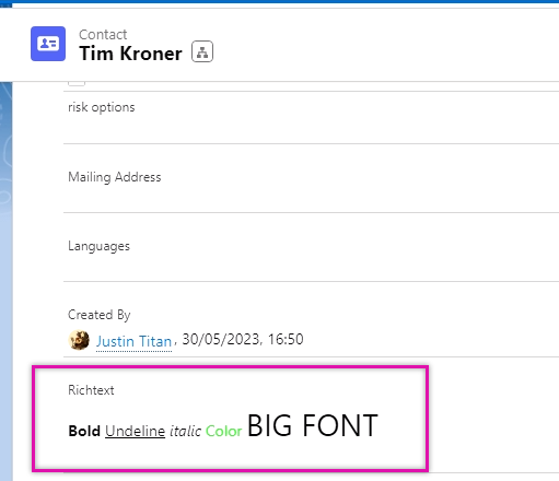 example of rich text saved in salesforce contact 