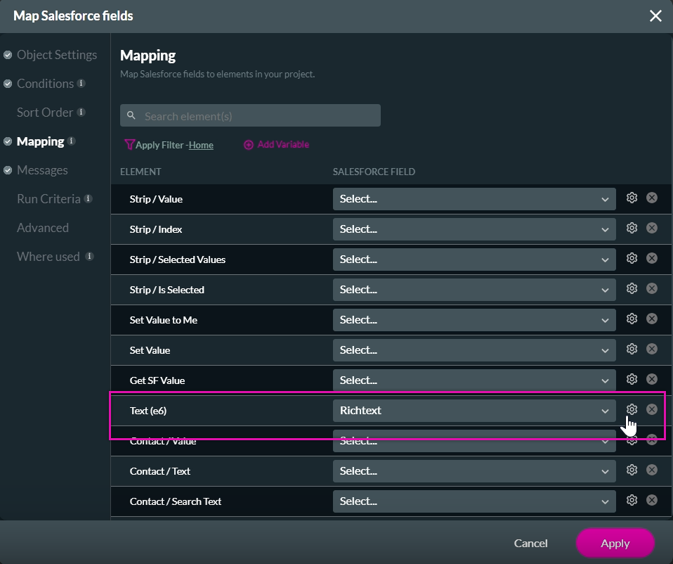 map salesforce fields > mapping tab 