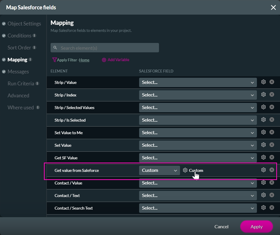 map salesforce fields > mapping tab 