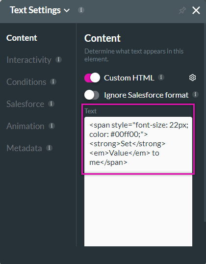 text settings menu > content tab > text window displaying HTML code 