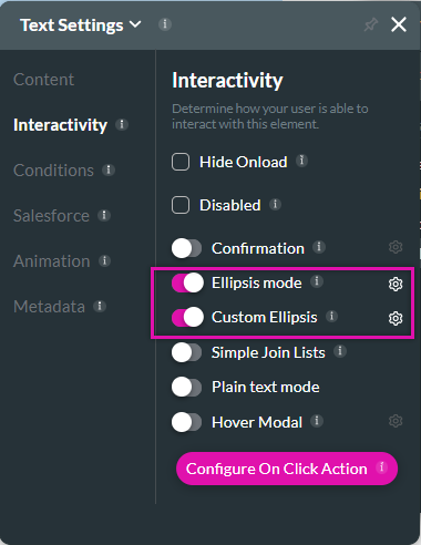 text settings > interactivity tab > ellipsis options 