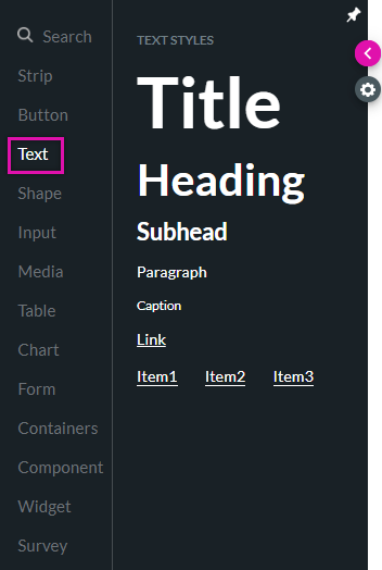 text options in the text tab 