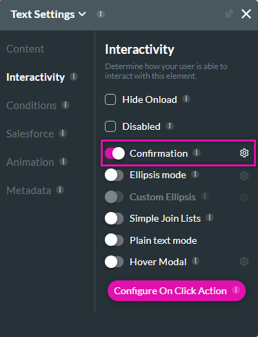 test settings > interactivity tab > confirmation function 