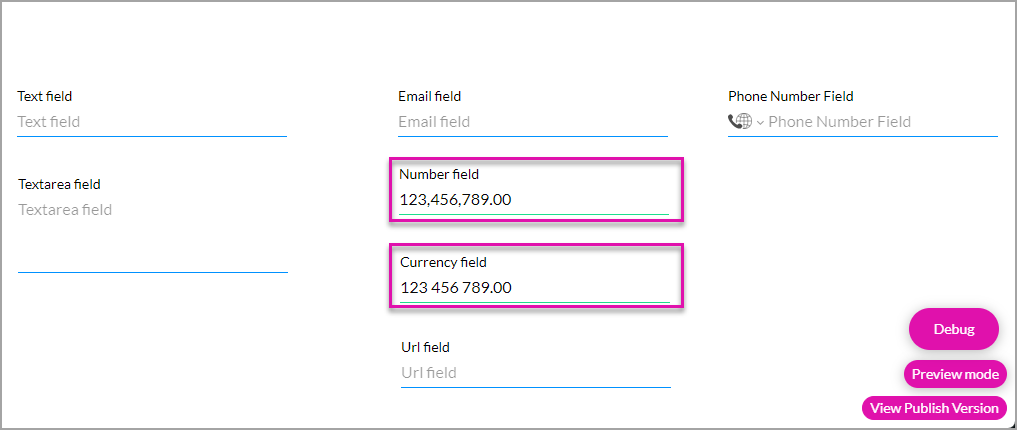 preview mode displaying number field and currency fields 