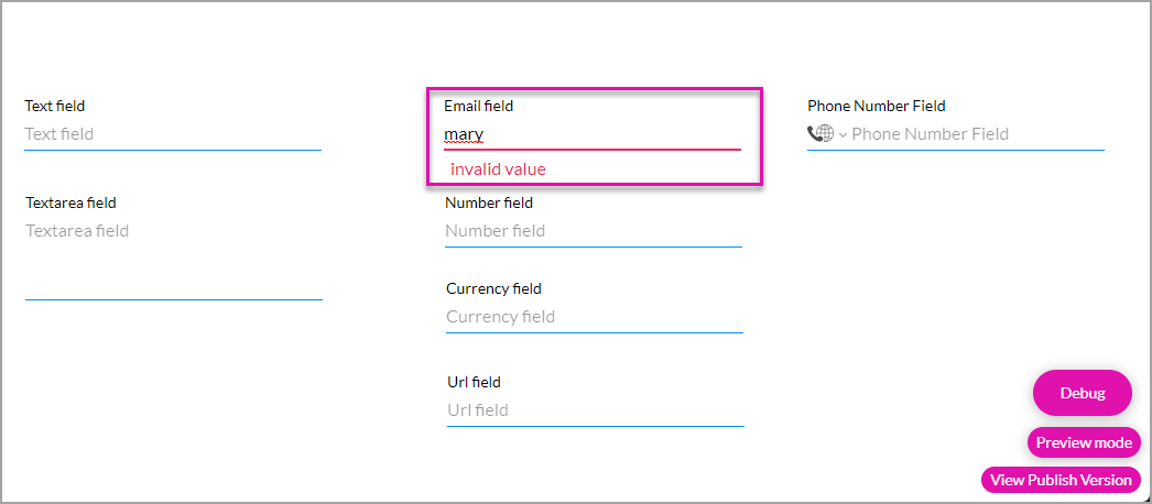 preview mode demonstrating the auto validation for email input