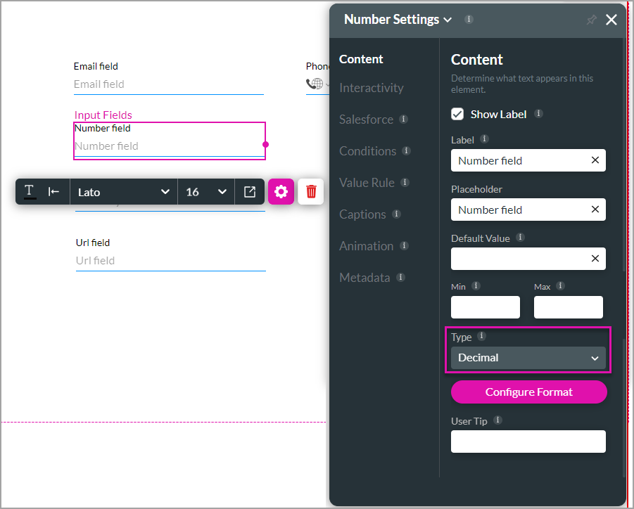 project view displaying a number field and the number settings menu 