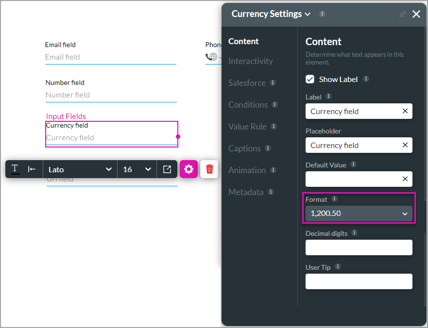 currency settings > content tab > format field 