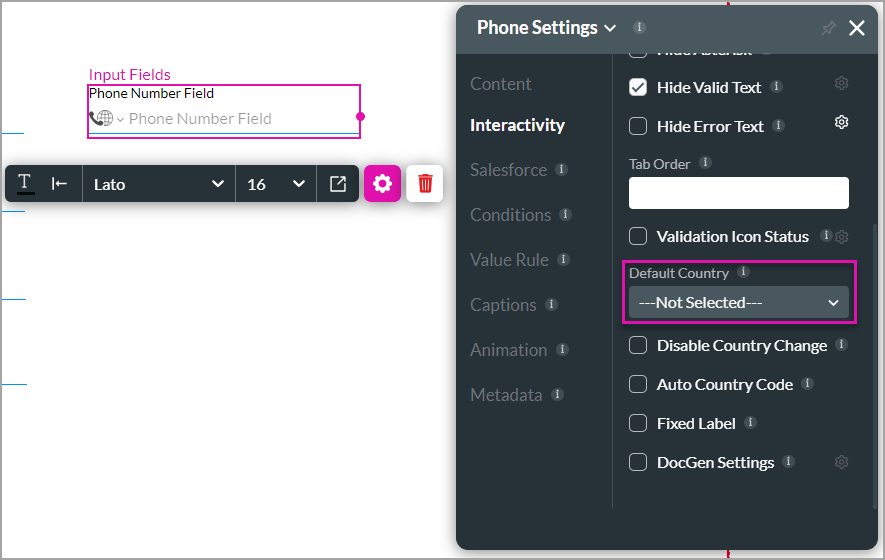 phone settings > interactivity tab > default country field 