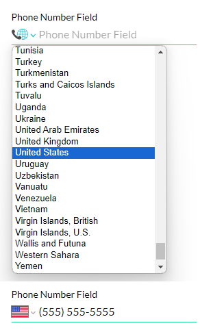 phone number field > country drop down 