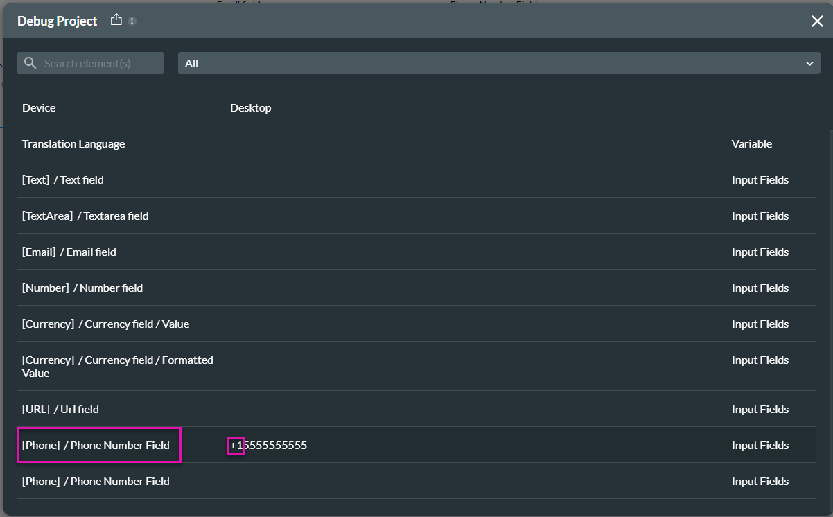 debug project window > phone number field entry 