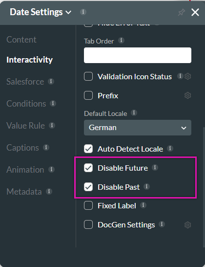 date settings > interactivity tab > disable future and past options 