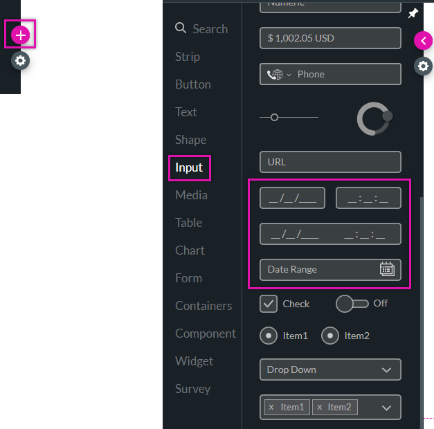 element menu > input tab > date and time inputs 