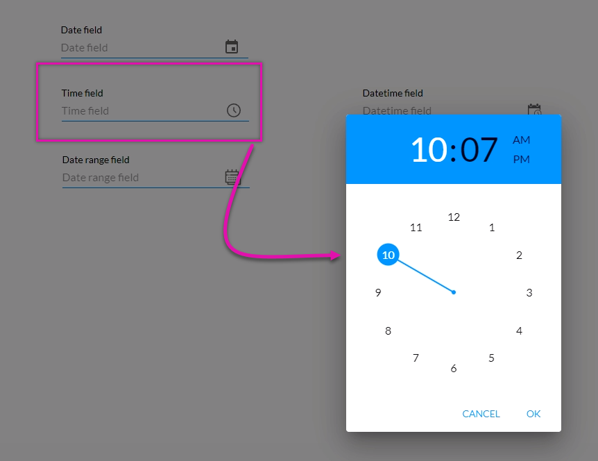 example of the time field pop up modal 