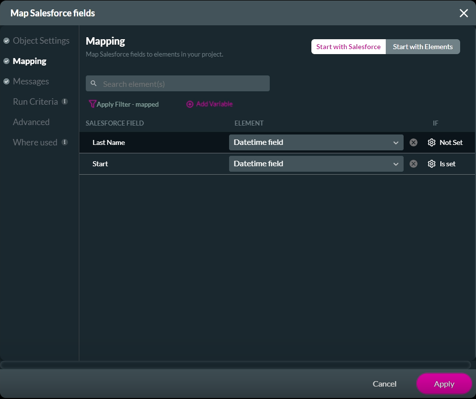 map salesforce fields > mapping tab 