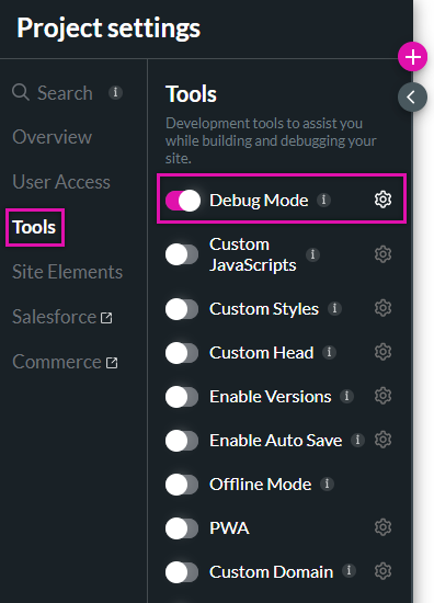 project settings > tools tab > debug mode 