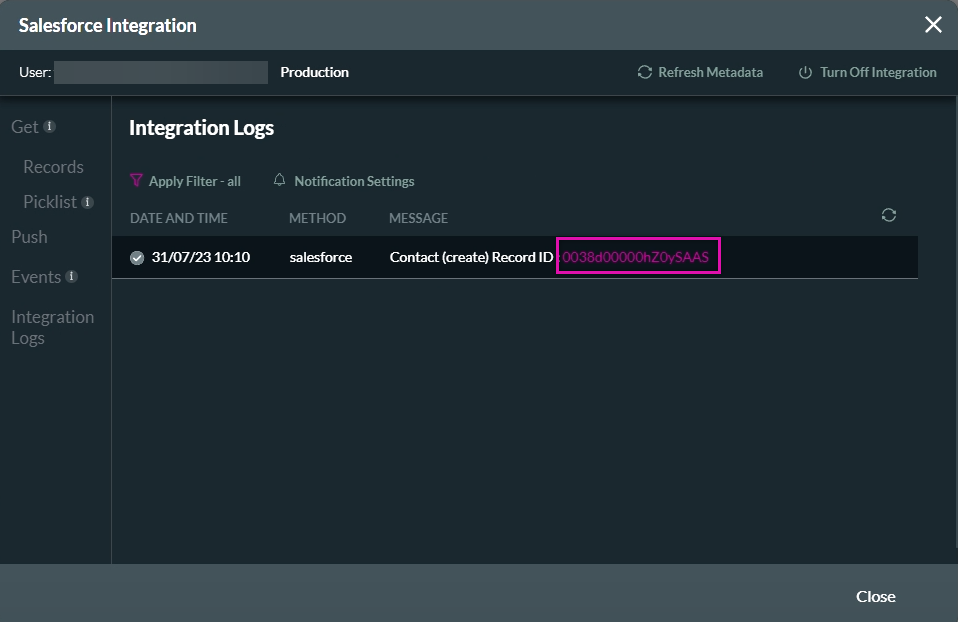 salesforce integration log screen 