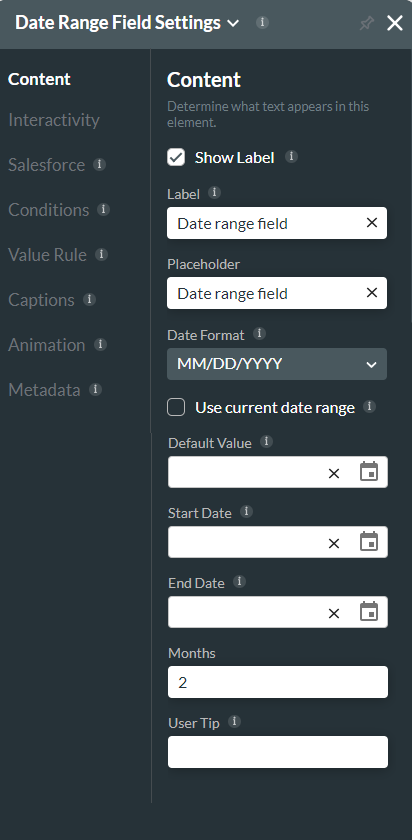 date range field settings > content tab