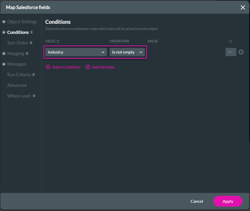 map salesforce fields > conditions tab 