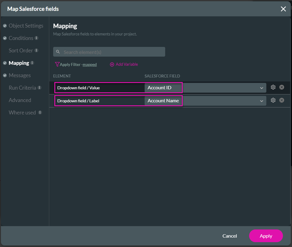 map salesforce fields > mapping tab 