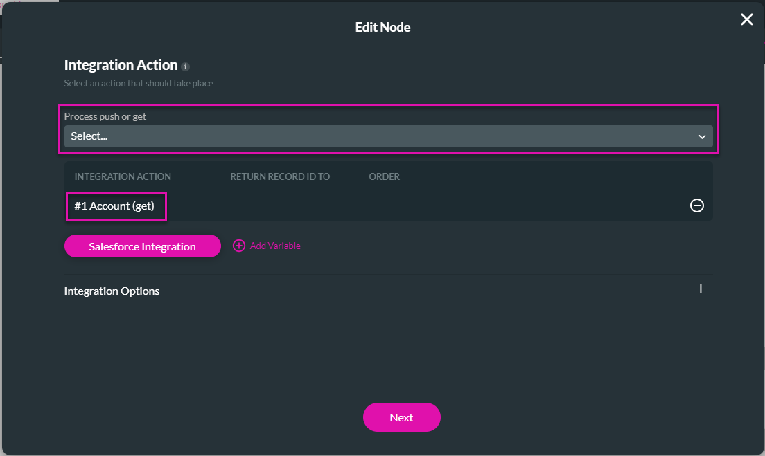 edit node > integration action screen 