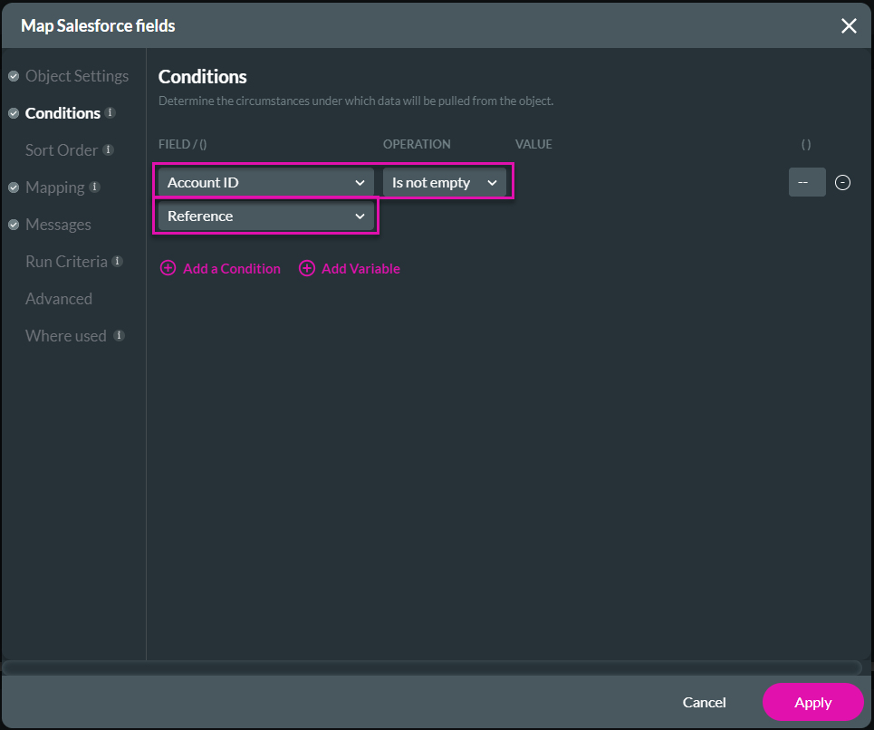 map salesforce fields > conditions tab 