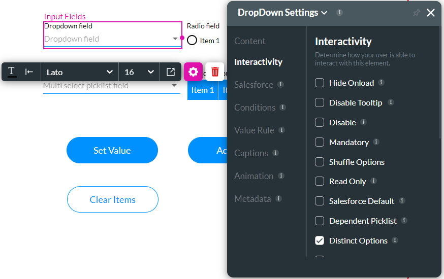 dropdown settings > interactivity tab 