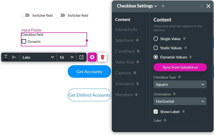 checkbox settings menu > content tab 