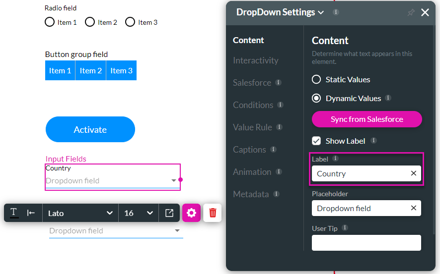 dropdown settings > content tab > label field 