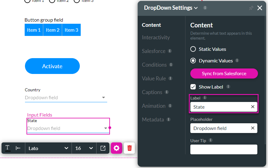 dropdown settings > content tab > label field 