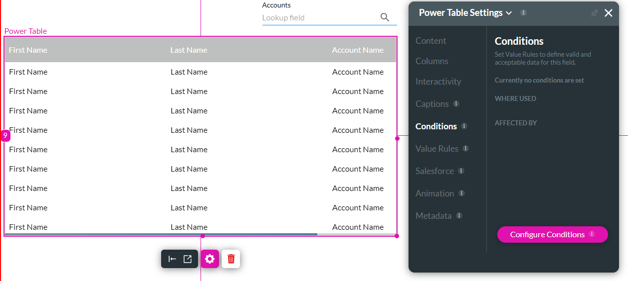 power table settings > conditions tab 