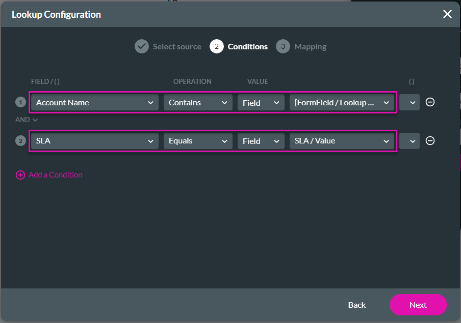 look up configuration > conditions step 