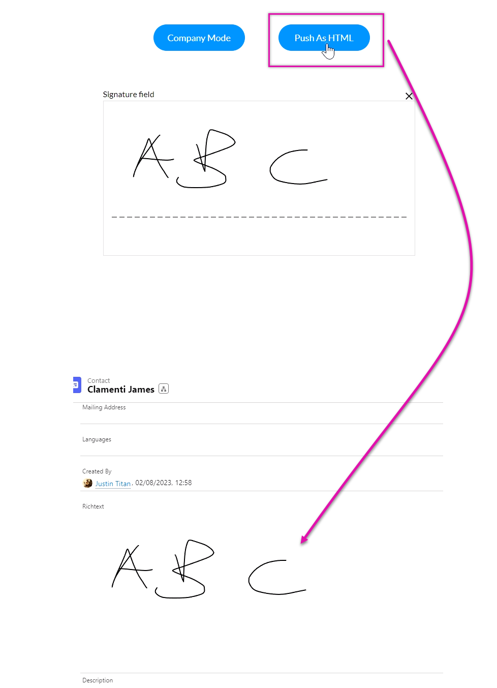 example showing how the signature field is saved in salesforce 