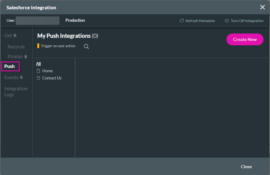 salesforce integration > push tab > create new 