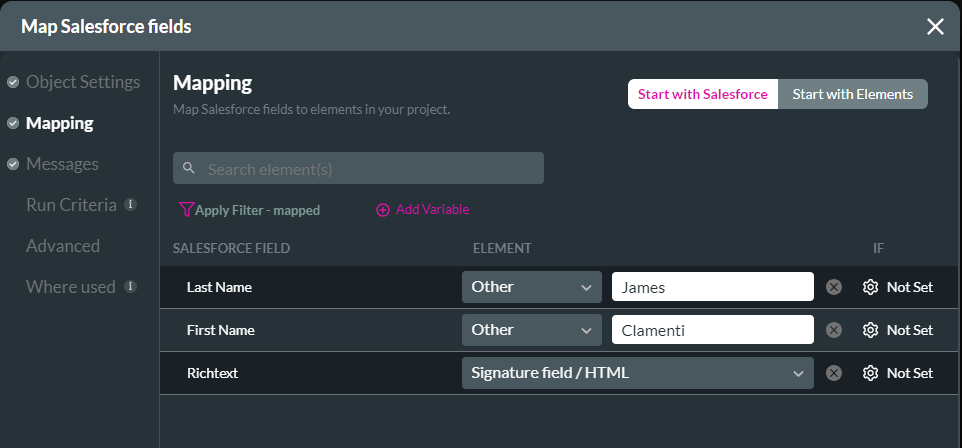 map salesforce fields > mapping tab 