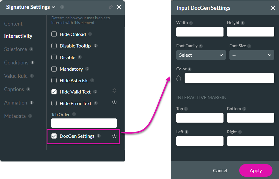 signature settings > interactivity > doc gen settings 