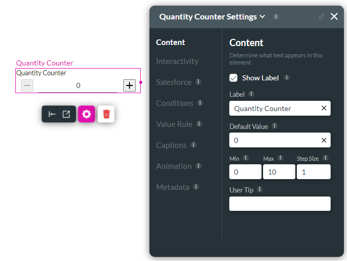 quantity counter settings 