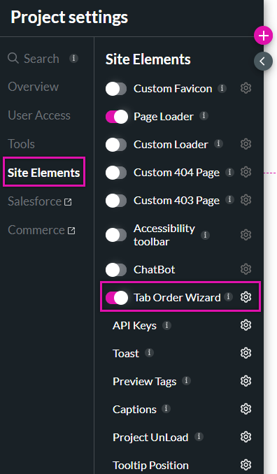 project settings > site elements > tab order wizard 