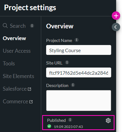 project settings > overview tab > published gear icon 